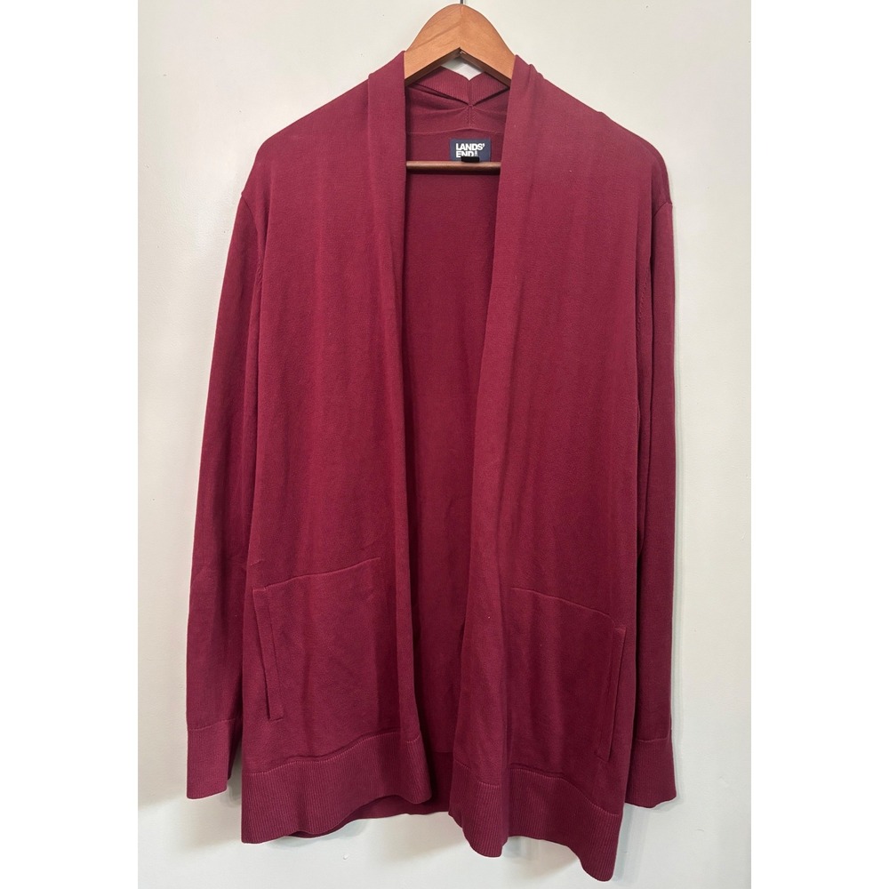 Lands End Womens XL Burgundy Red Open Front Cotton Cardigan Sweater Pockets